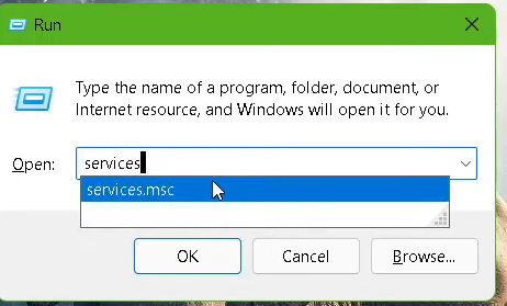 Then press Window Key + R, type "Services.msc" and hit the OK button. 