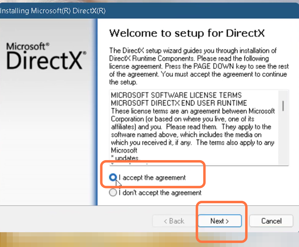 After that, open the downloaded dxwebsetup.exe file, check the "I Accept the agreement" box and follow the steps.