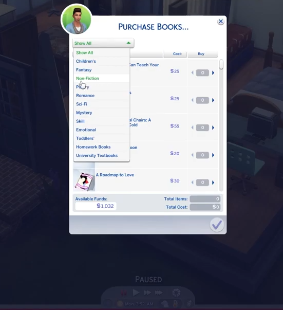 You will need to click on the drop down list at the top left side of Purchase Books window to see categories of books.
