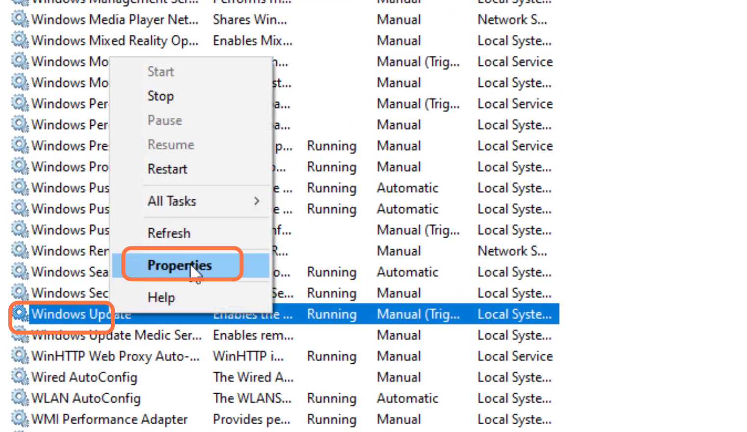 After that, left click on Windows update and tap on properties. 