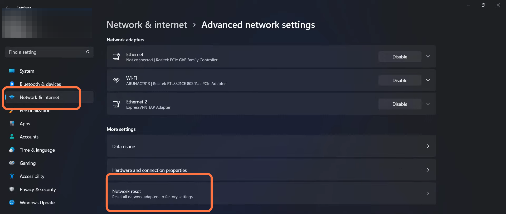 Navigate to Network & Internet and tap on Network Reset.