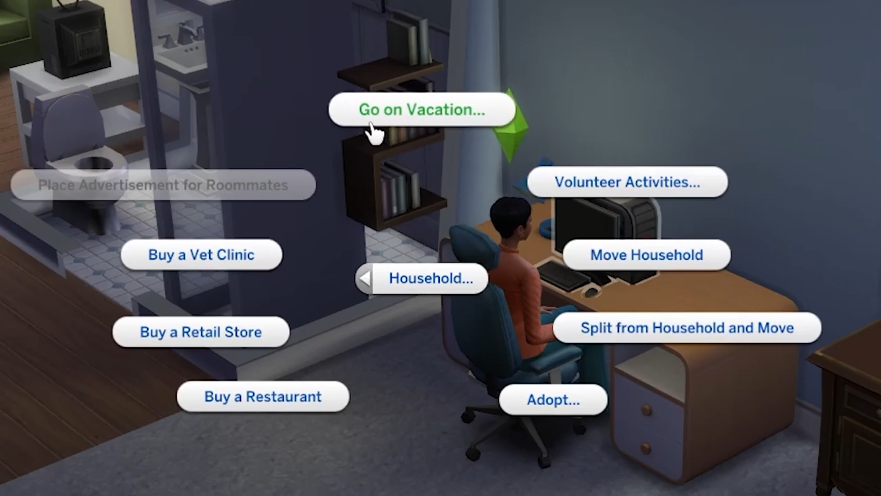 Then select "Go on Vocation" from the options under Household.  