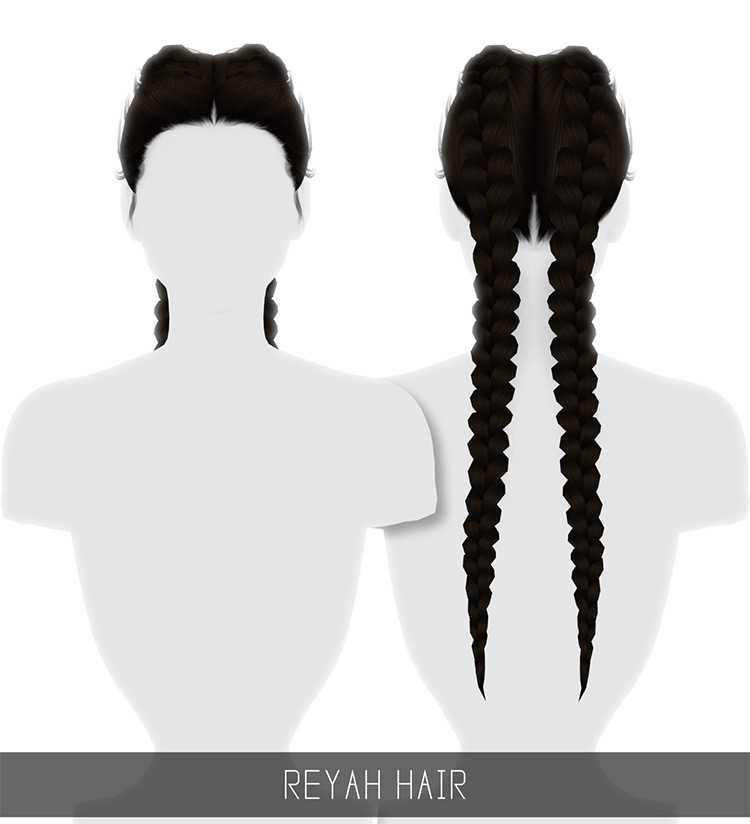 Long dark two braids hairdo - Sims 4 CC