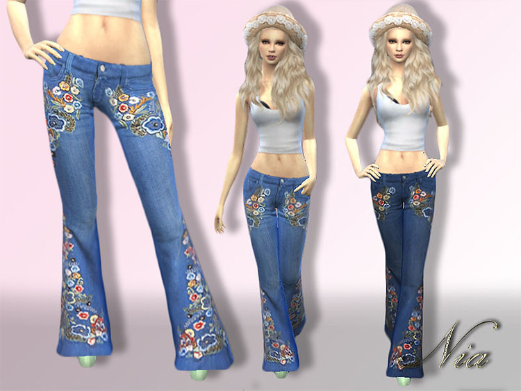 Embroidered Flare Jeans for girls - Sims 4 CC