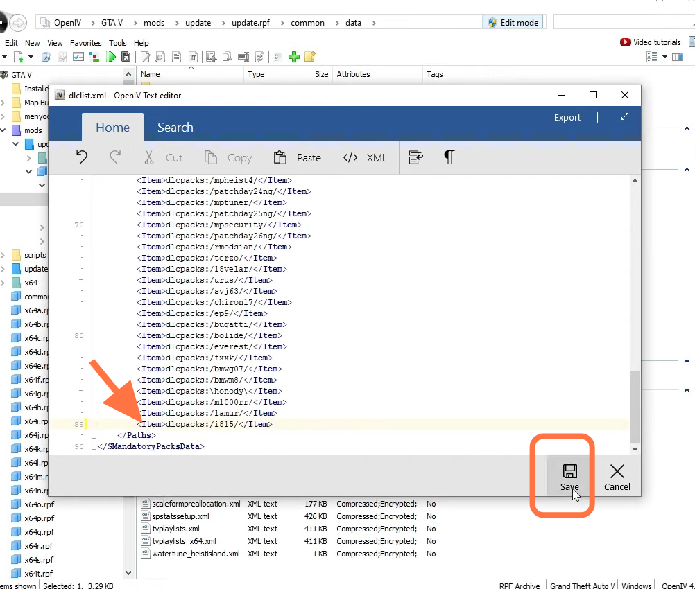 Right click on the "dlclist.xml" file and select edit to add this code line "<Item>dlcpacks:\i815\</Item>" just before the closing of paths tag. And then save the XML file.