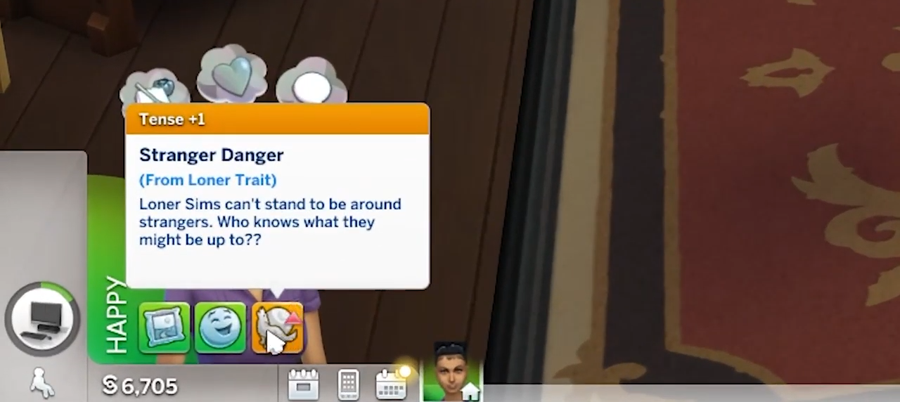 But when the Loner sims stay around strangers they gain "stranger danger" moodlet (+1 tense) point.  