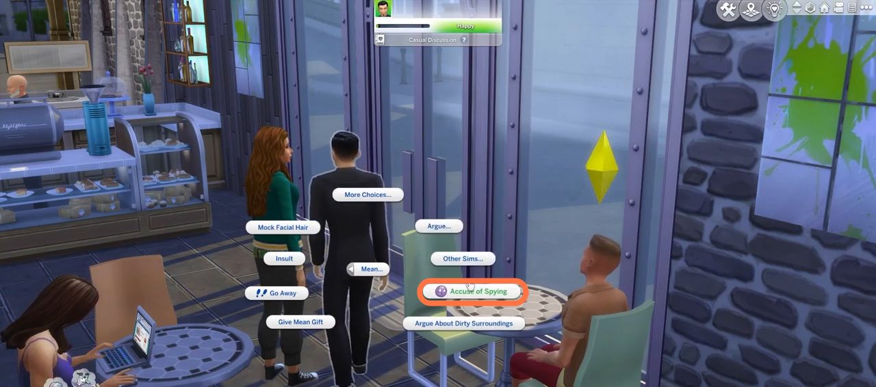 Paranoid sims can also have mean interaction with others by accusing them of spying. click on paranoid sims and enter into 'More Choices' to choose 'Mean' and then select 