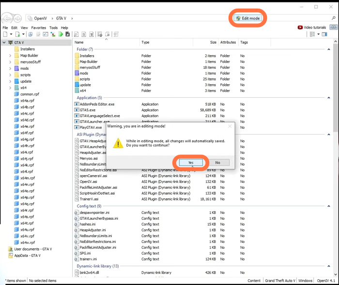 Now open the “Open IV” application and press “Edit mode”. Then click Yes when a pop up window appears.