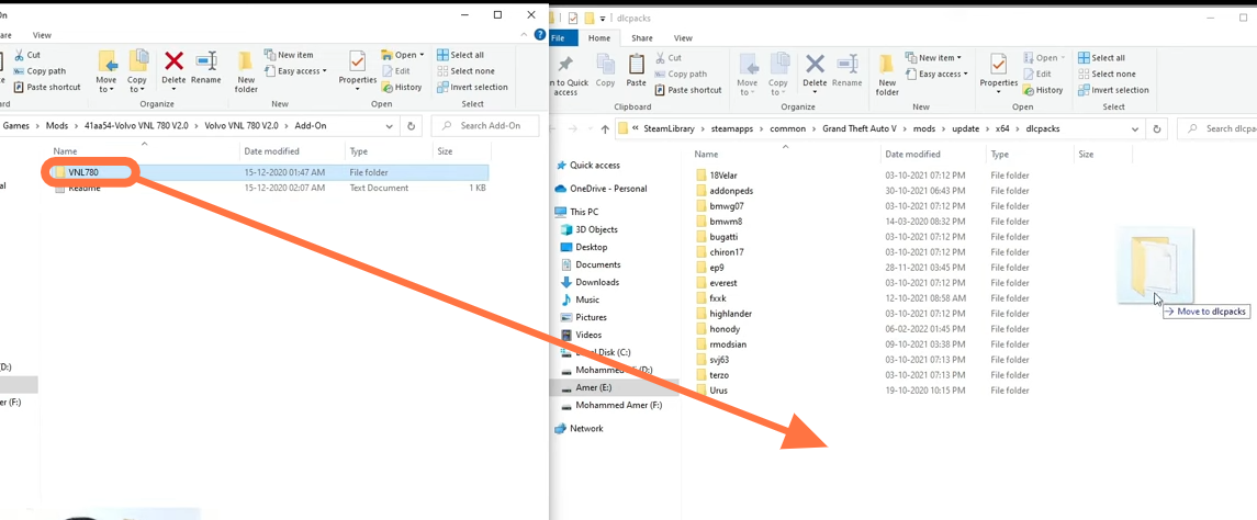After that, open (GTA V Directory→mods→update→x64→dlcpacks and paste the 'VNL780' folder (this can be found in the downloaded file) inside dlcpacks.