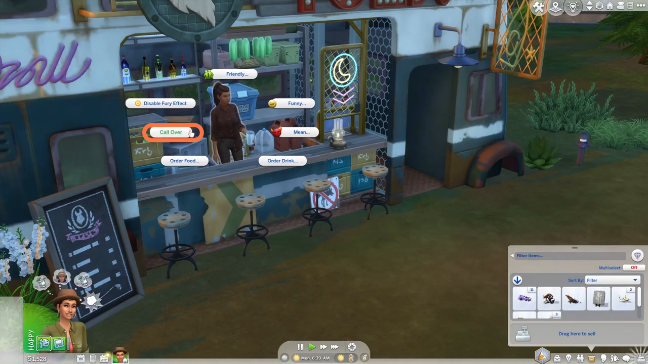 Now click on shopkeeper sim and select 'Call Over' so that she leaves the shop and go and make the drink to cure your 'werewolf lycanthropy'. 