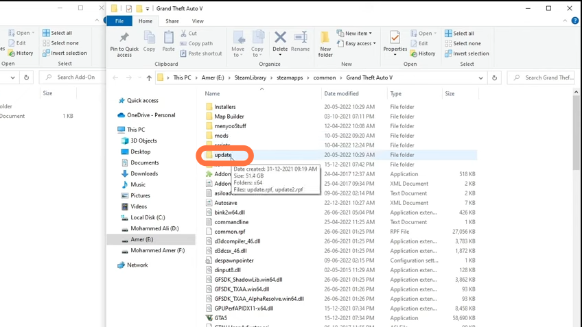 Now find the “update” folder inside Grand Theft Auto V directory and paste it in Mods folder (which you created in the previous step).