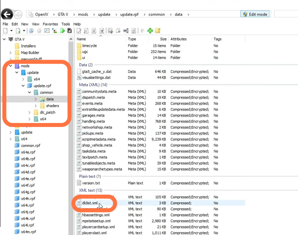 Now inside “Open IV”, you’ll have to go to mods→update→update.rpf→common→data→dlclist.xml