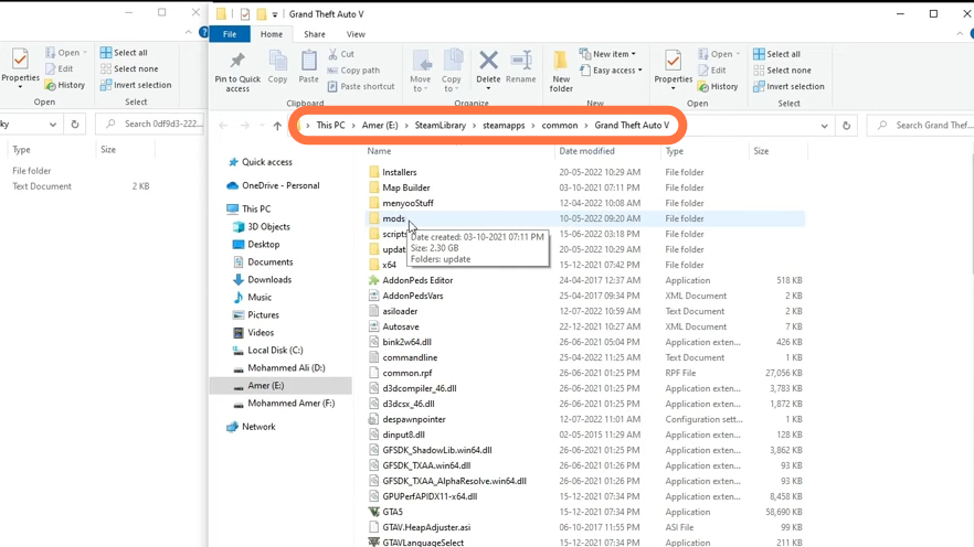 After that, open the GTA V Directory (Open file explorer, select the drive where your Steam games are located), then open SteamLibrary→Steamapps→Comman→Grand Theft Auto V.
