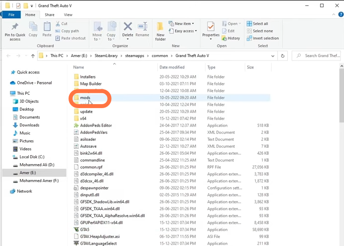 Now find the “mods” folder inside the Grand Theft Auto V directory. Incase the folder is missing, then you have to create an empty folder with name “mods”.