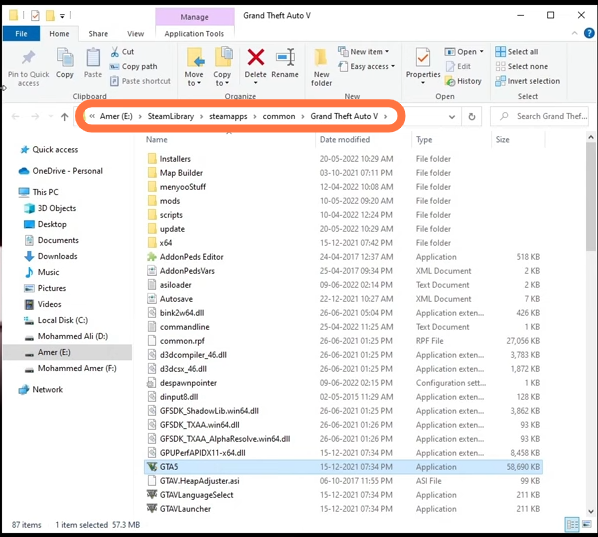 After that, open the GTA V Directory (Open file explorer, select the drive where your steam games are located), then open SteamLibrary→Steamapps→Comman→Grand Theft Auto V.