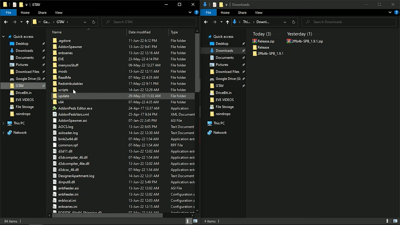 Open GTA 5 main directory and downloaded files directory side by side. 