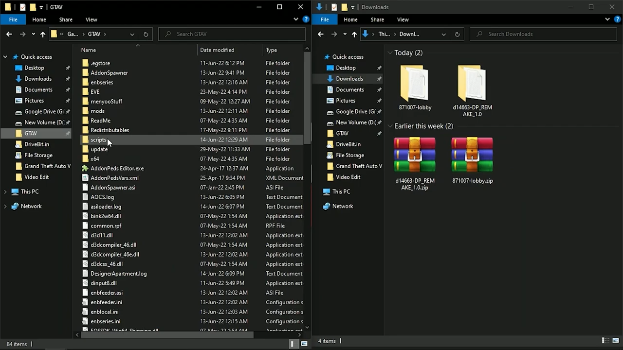 Open GTA V main directory and downloaded files directory windows side by side for your ease. 